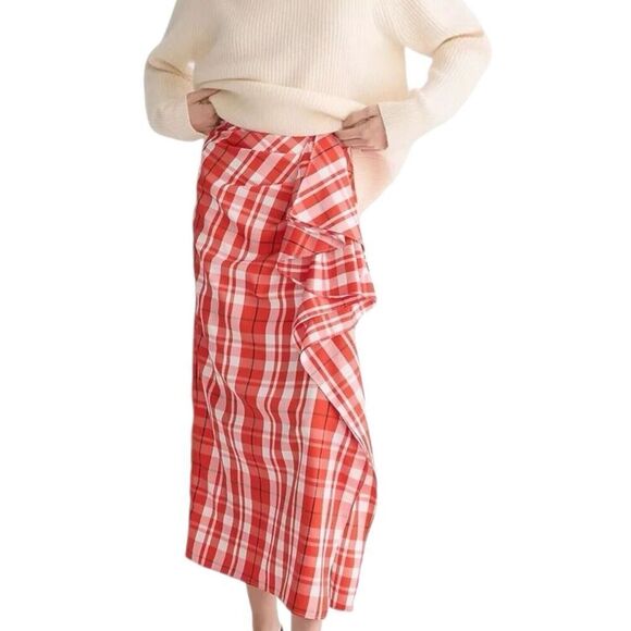 J Crew Skirt 4 Red Plaid Ruffle Pencil Midi Holiday Festive Preppy Lightweight - Picture 5 of 11